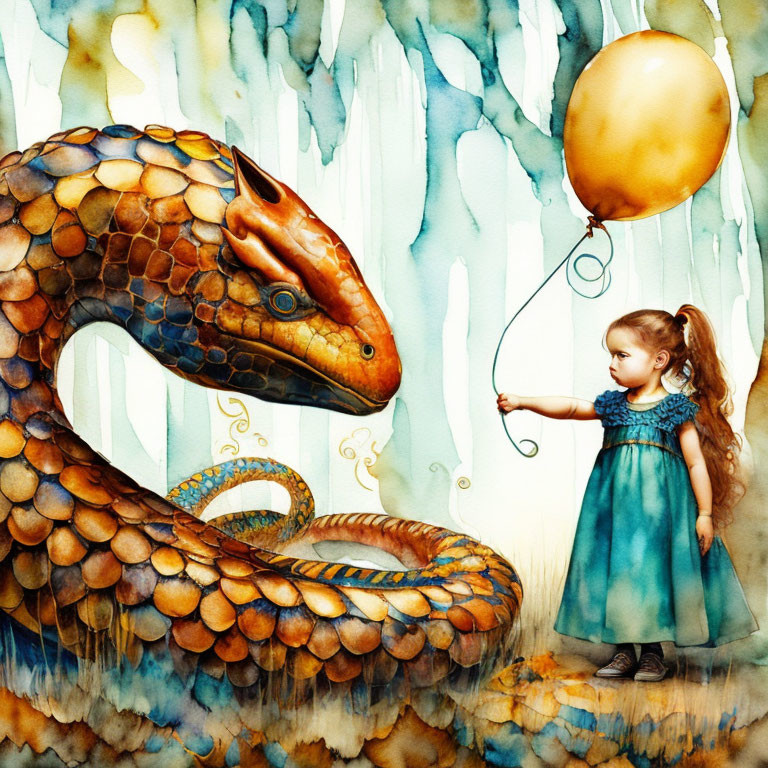 Young girl in blue dress with balloon near colorful snake and icy backdrop