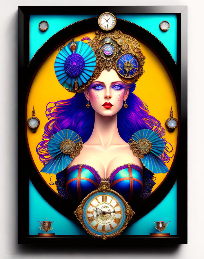 Vibrant digital artwork: Stylized woman with purple hair and clock headgear in framed display