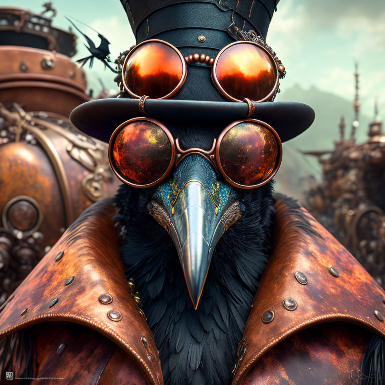 Anthropomorphic Raven in Steampunk Attire Against Industrial Background