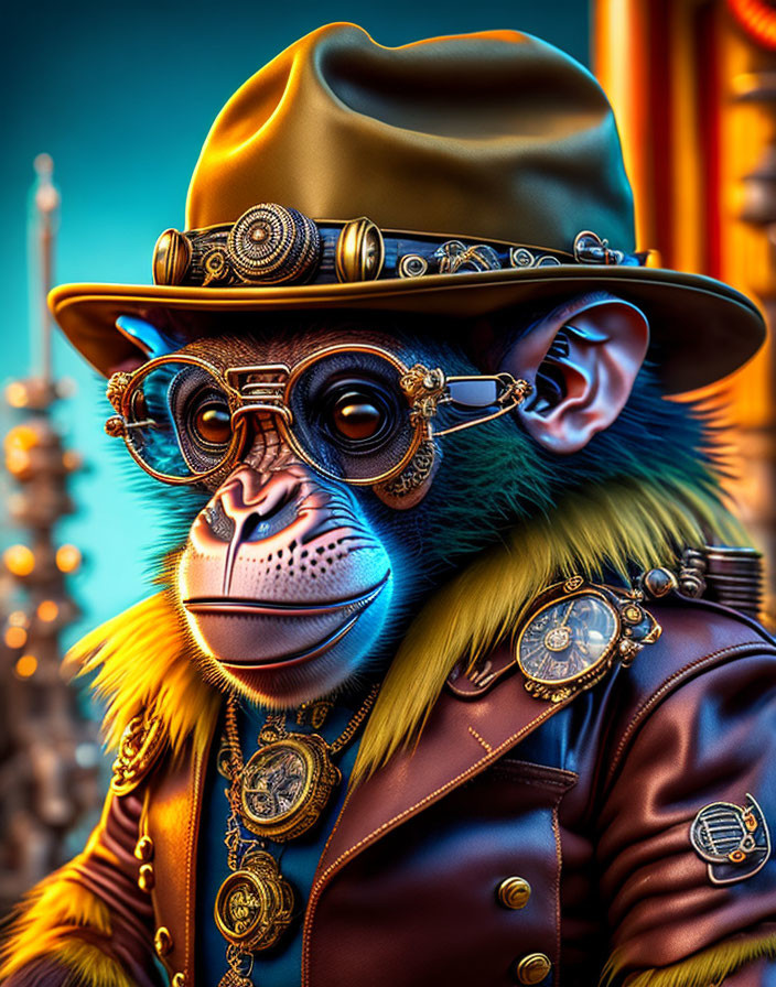 Steampunk Monkey in 3D Illustration with Gears and Clocks