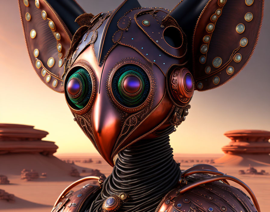 Steampunk robotic owl with metallic detailing and colorful eyes in desert sunset.