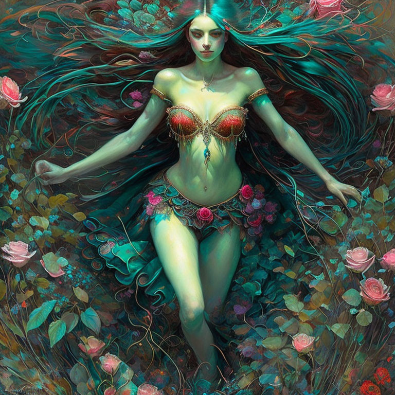 Fantasy mermaid illustration with flowing hair in vibrant underwater garden