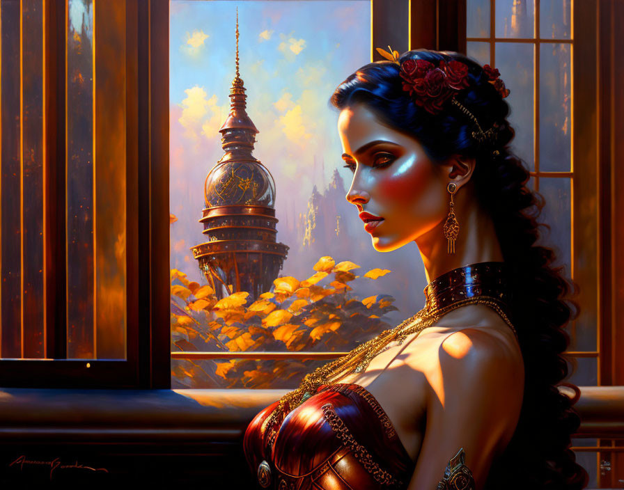 Blue-skinned woman with red flowers near window gazes at golden tower amidst autumn leaves