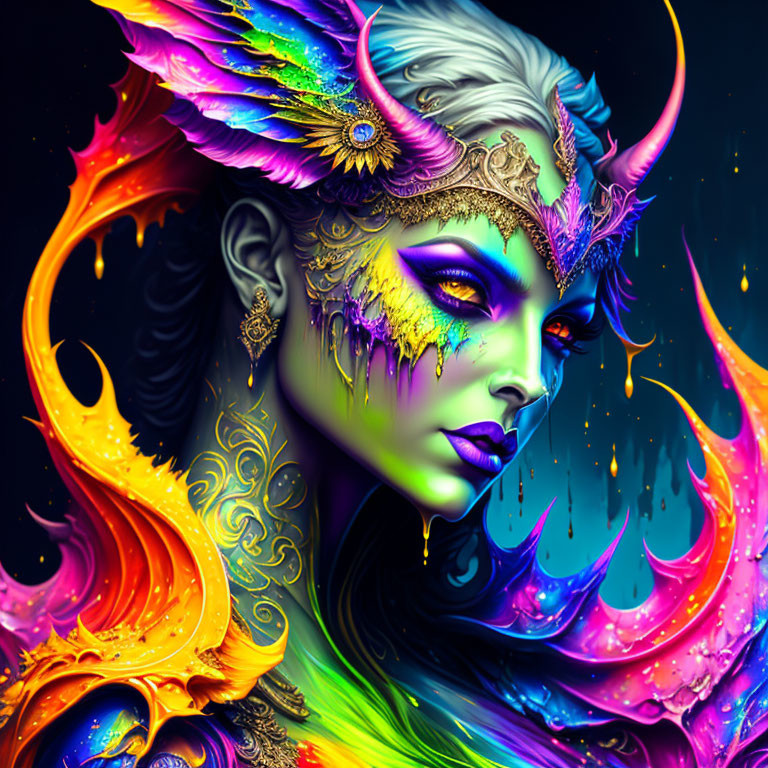 Colorful fantasy female figure with horns and wings in magical setting