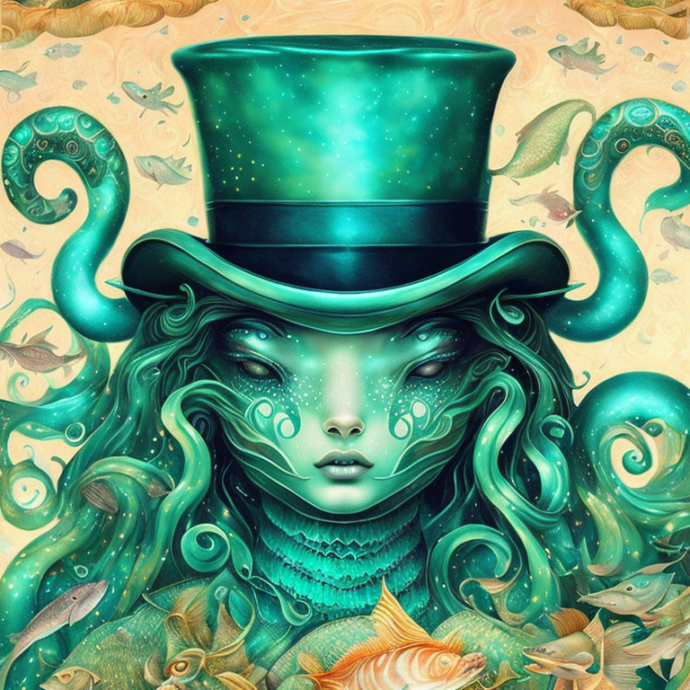 Whimsical female figure with green tentacle hair and galaxy top hat surrounded by aquatic motifs
