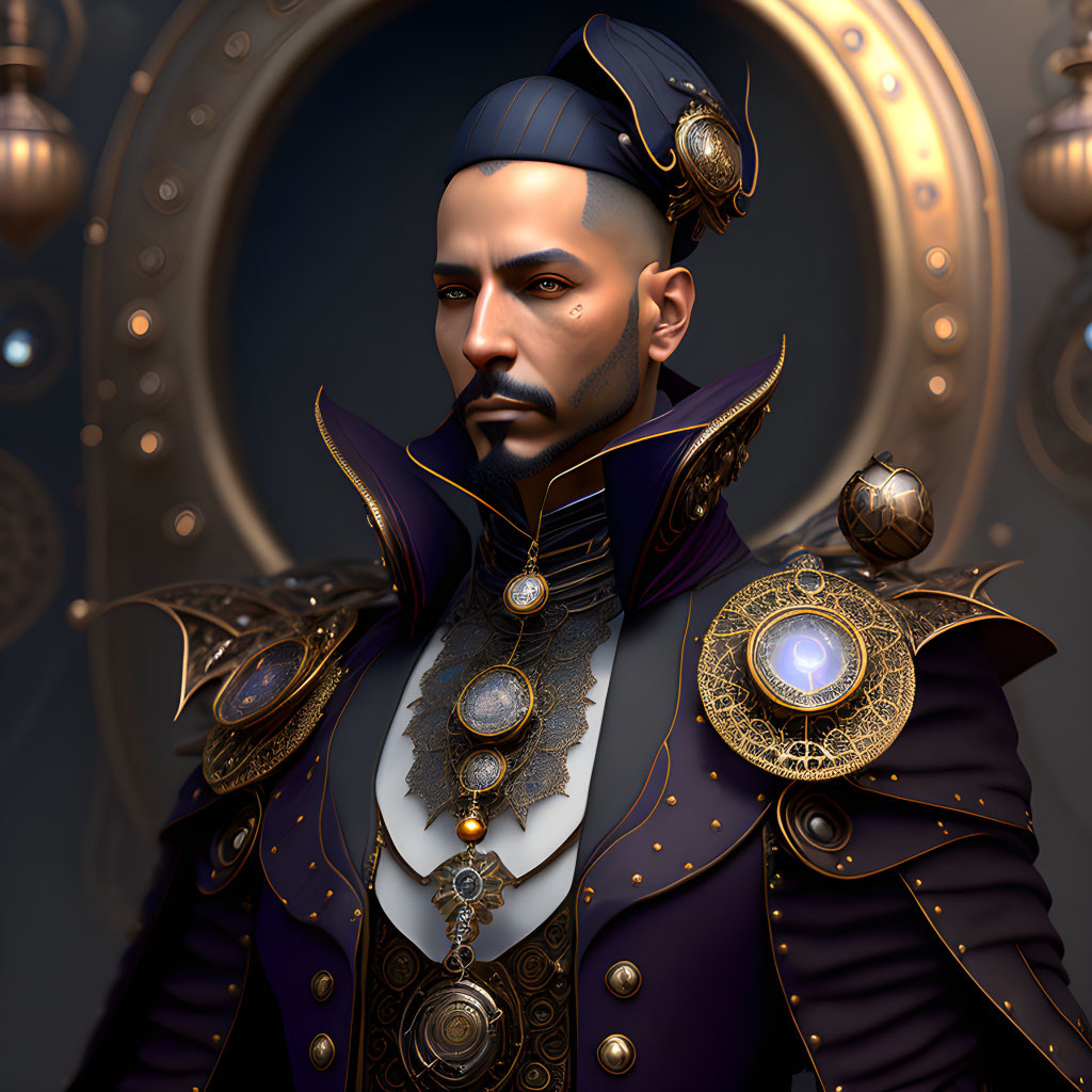 Regal man in gold-adorned purple robe and headpiece on circular backdrop