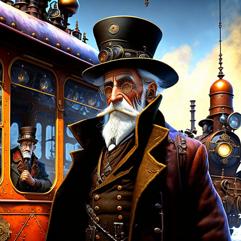 Elderly Gentleman in Steampunk Attire by Vintage Train