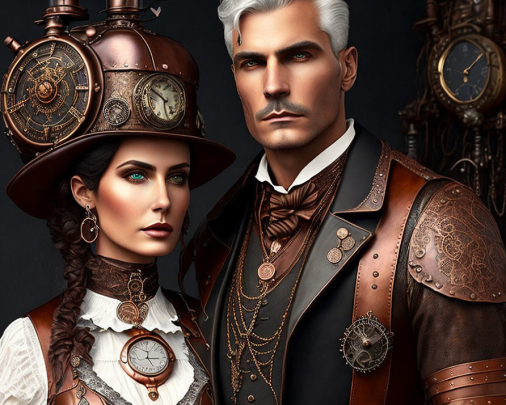 Steampunk-themed digital art with man and woman in Victorian attire.