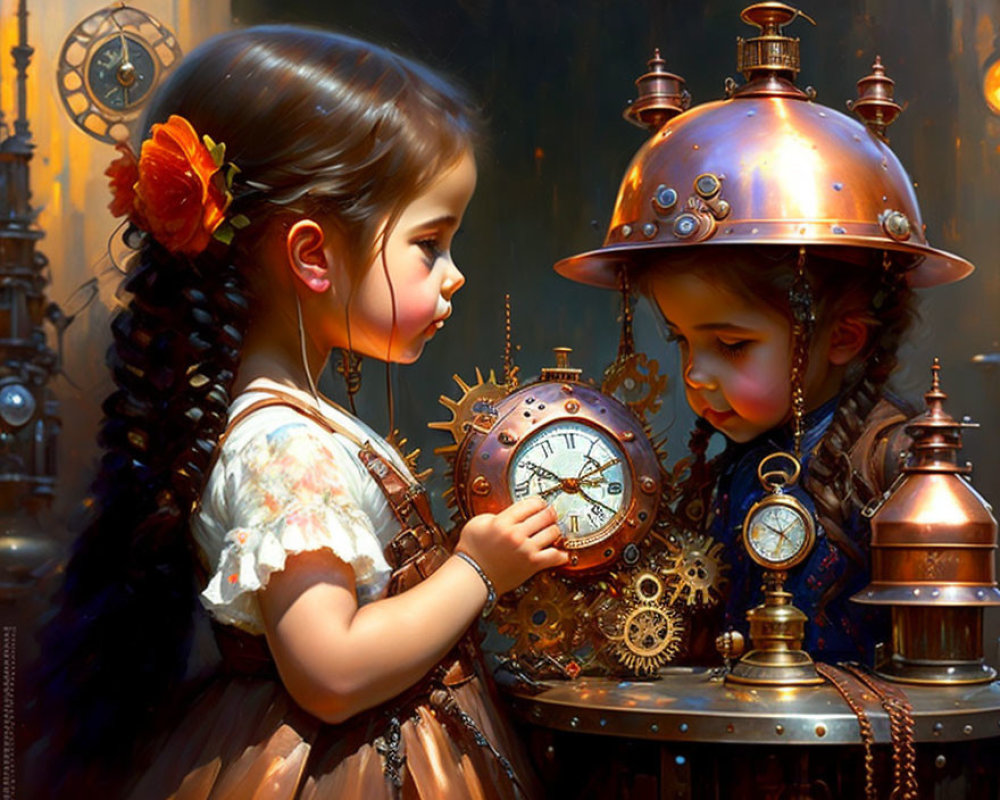 Girl exploring intricate steampunk gears and clocks in warm light