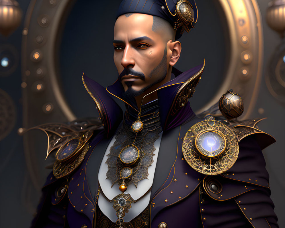 Regal man in gold-adorned purple robe and headpiece on circular backdrop