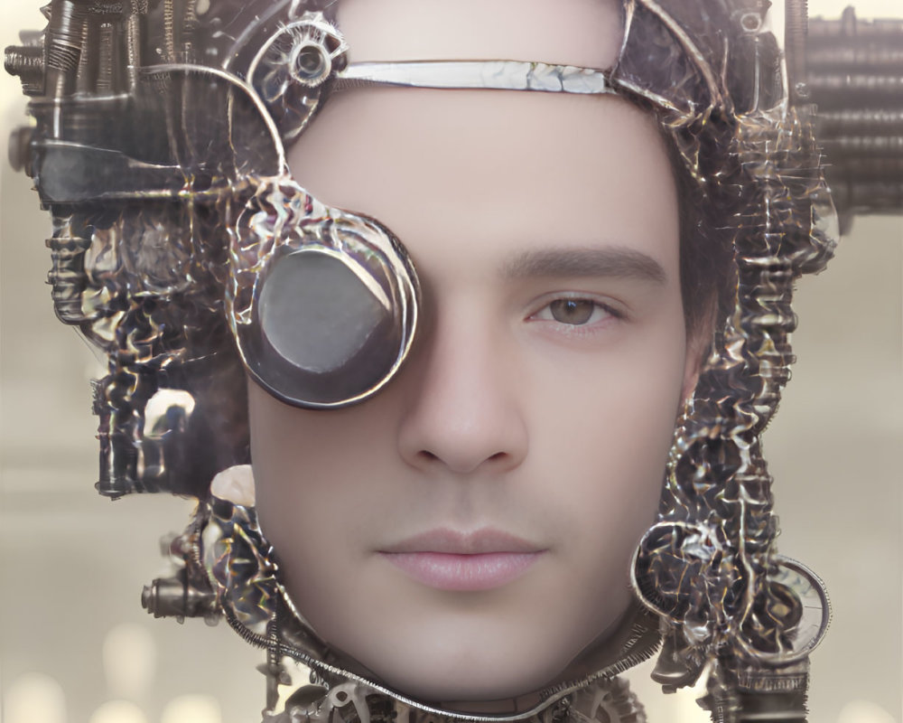 Steampunk-style portrait with mechanical enhancements.