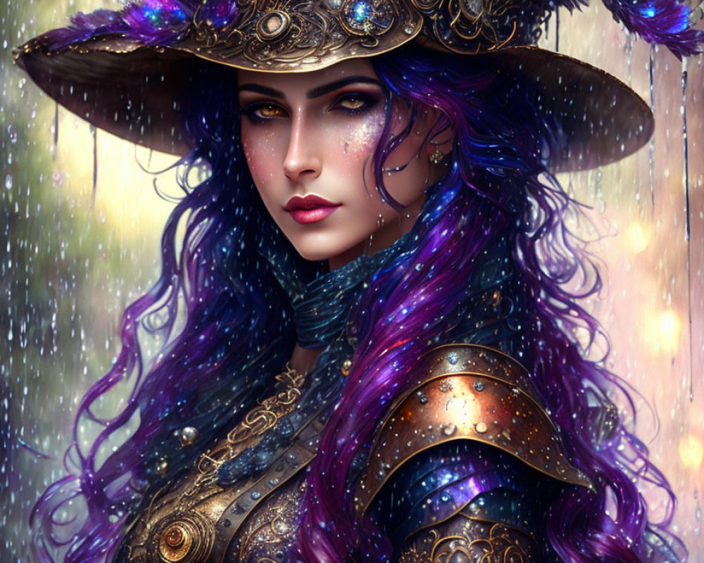 Fantasy digital artwork of a woman in purple hair and golden armor