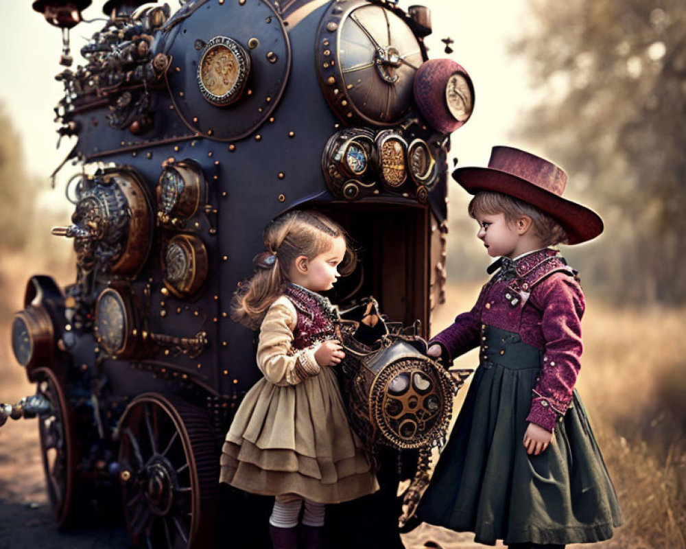 Children in vintage clothing with steampunk machine in outdoor scene