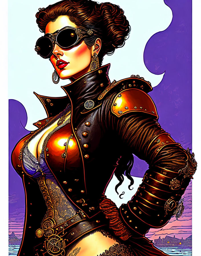 Steampunk-themed woman with goggles and arm guards in dirigible-filled sky