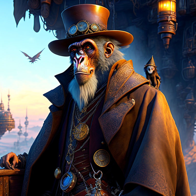 Steampunk-inspired anthropomorphic monkey with bird in industrial setting