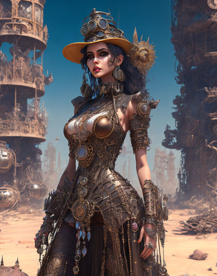 Steampunk-themed woman with mechanical arm in desert setting