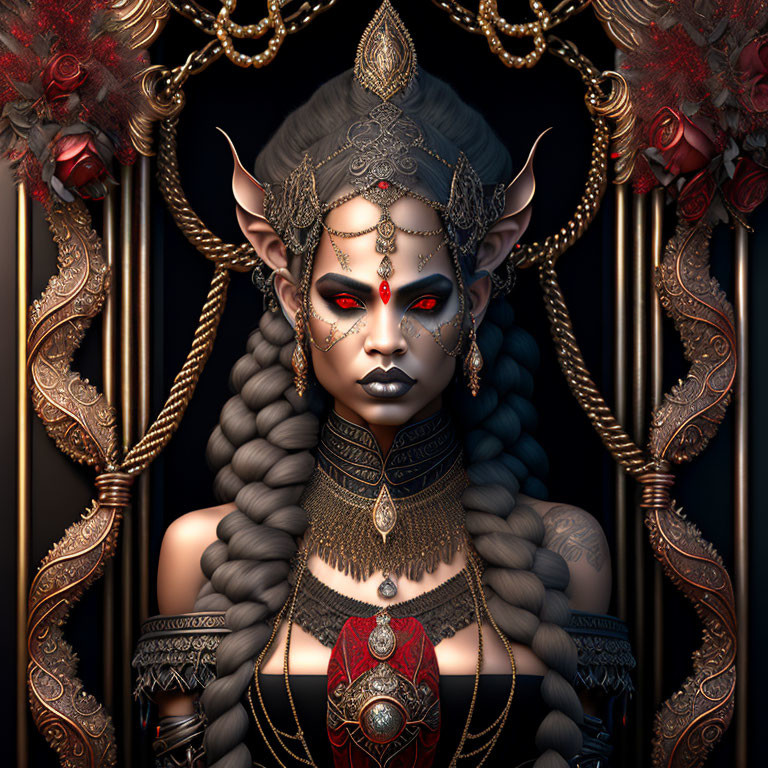 Fantasy illustration of female figure with pointed ears, gold jewelry, braided hair, red eyes,