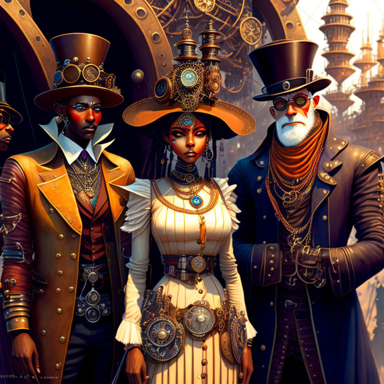 Three individuals in steampunk attire with top hats, goggles, and mechanical accessories against a backdrop of