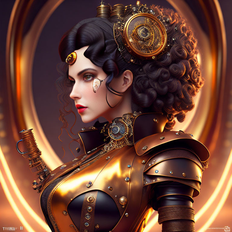 Steampunk female character with mechanical eye and ornate armor