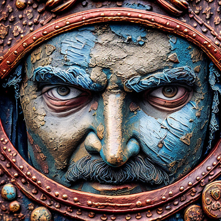 Textured Blue and Golden Mask with Intense Eyes and Rust-like Details