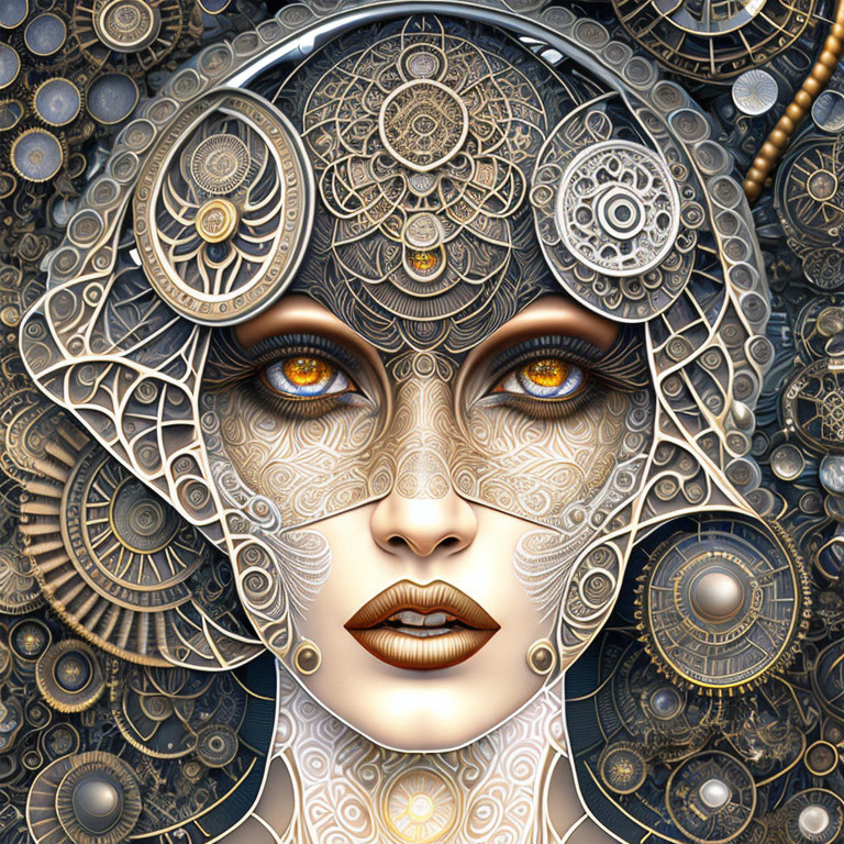 Steampunk-inspired woman's face digital artwork with intricate mechanical adornments in gold and silver tones