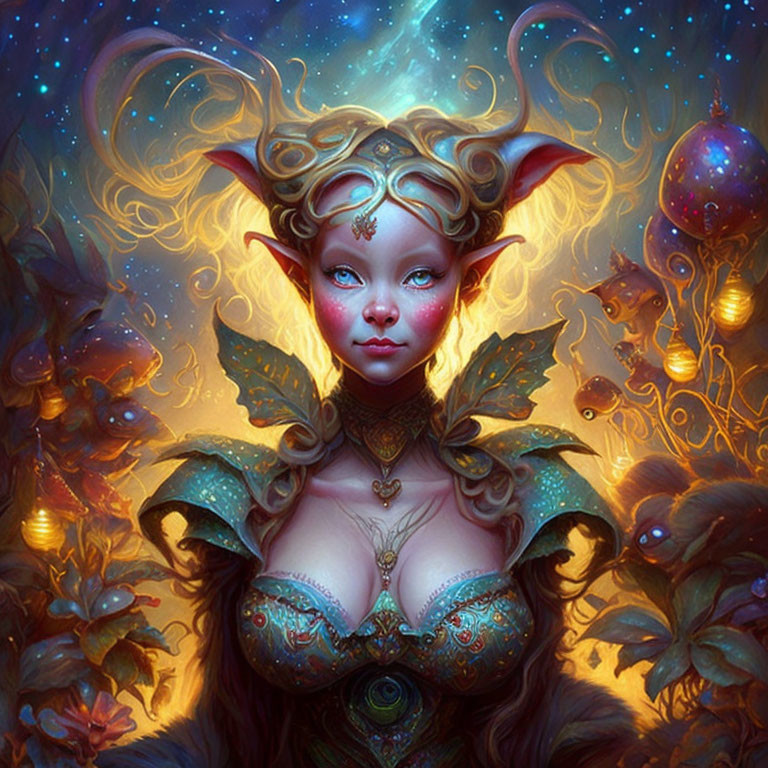 Fantastical female creature with pointed ears and ornate headgear in cosmic setting