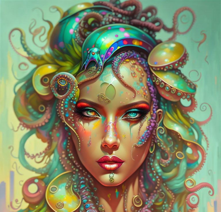 Colorful digital artwork of a psychedelic woman with swirling patterns.