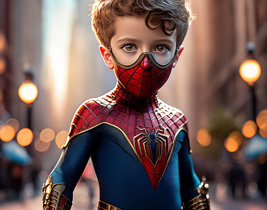 Young Child in Detailed Spider-Man Costume Stands on Urban Street