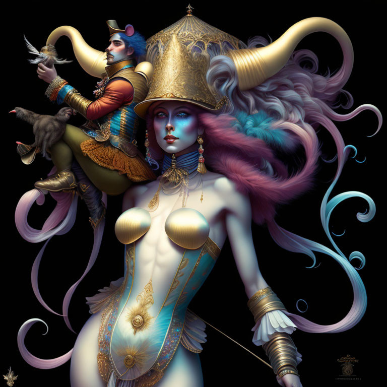 Surreal female figure with golden helmet and man on shoulder.