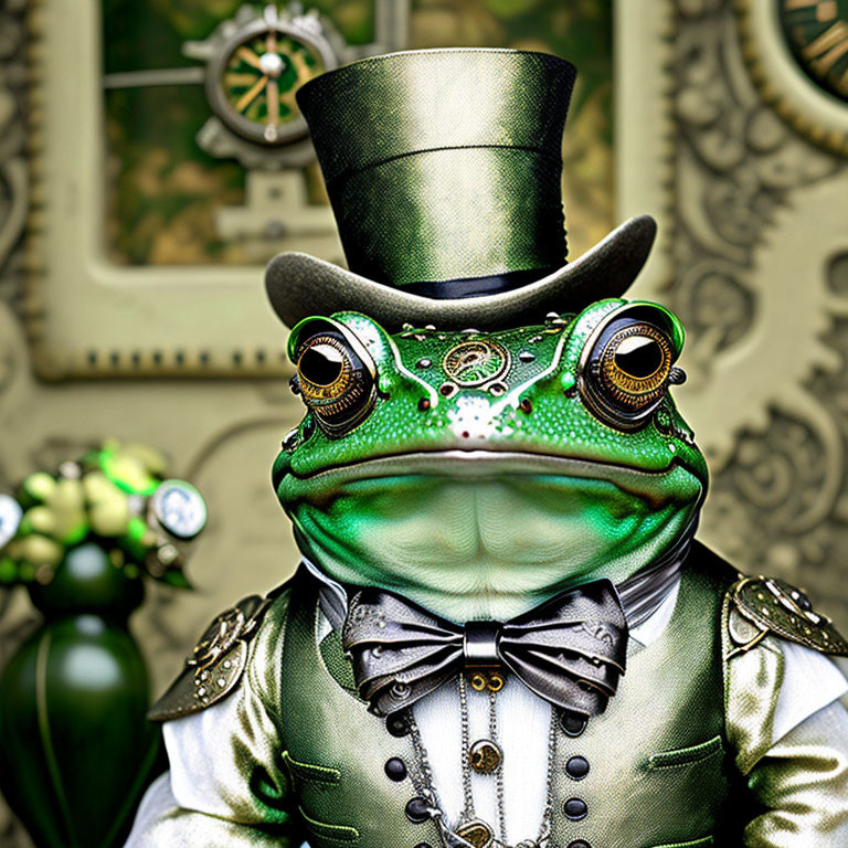 Steampunk-themed anthropomorphic frog in top hat and goggles against gear-filled backdrop