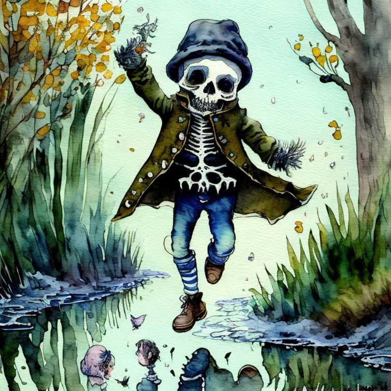 Colorful Watercolor Illustration: Skeleton in Hat and Coat Jumping Over Puddle