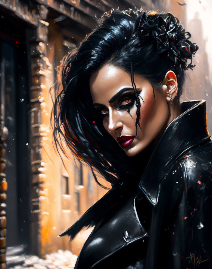 Woman in dark makeup and black coat with tear-like streak, surrounded by snowflakes in digital art