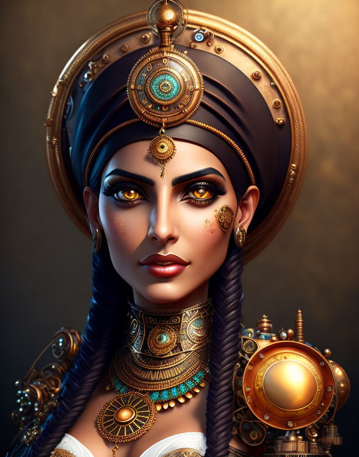 Intricately adorned female character with regal headgear and jewelry on warm backdrop