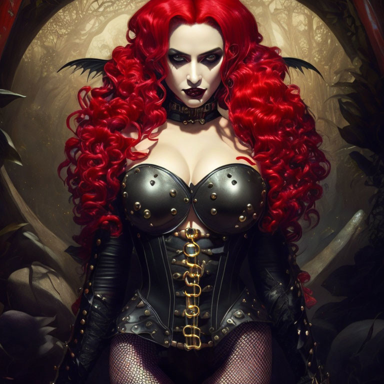 Vibrant Red-Haired Woman in Gothic Corset and Choker Portrait