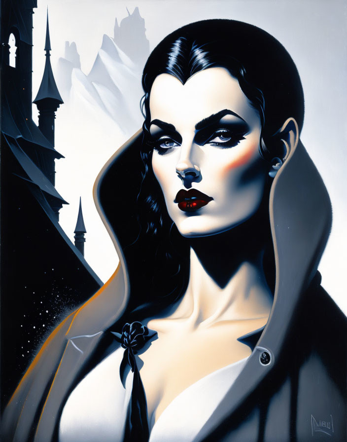 Stylized portrait of woman with dark hair, makeup, black cape, and gothic castle.