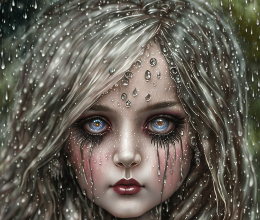 Detailed close-up of girl with purple eyes and silver hair in misty setting