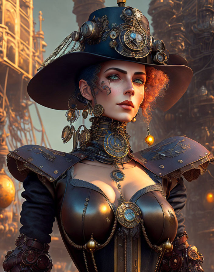 Elaborate Steampunk Attire with Gears and Shoulder Armor