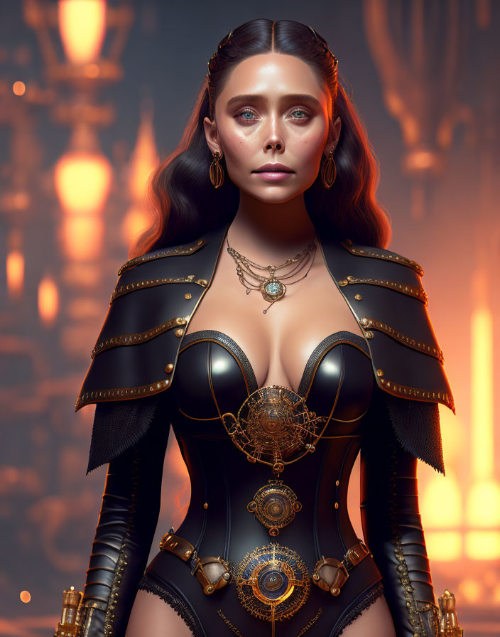 Woman in Black and Gold Ornate Armor Against Warm Backdrop