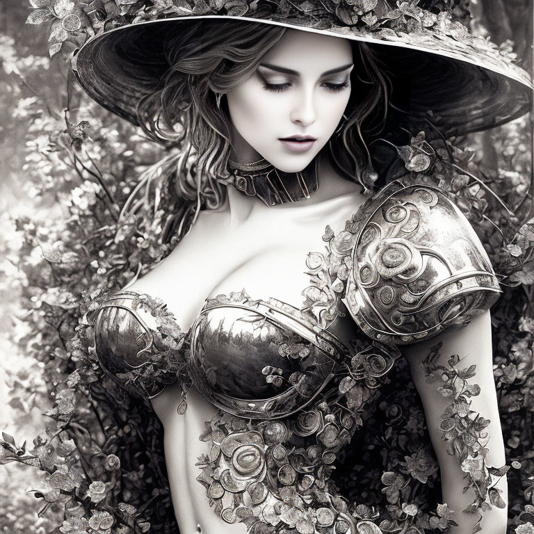 Monochromatic fantasy armor woman with floral motifs in broad-brimmed hat surrounded by dreamlike foliage