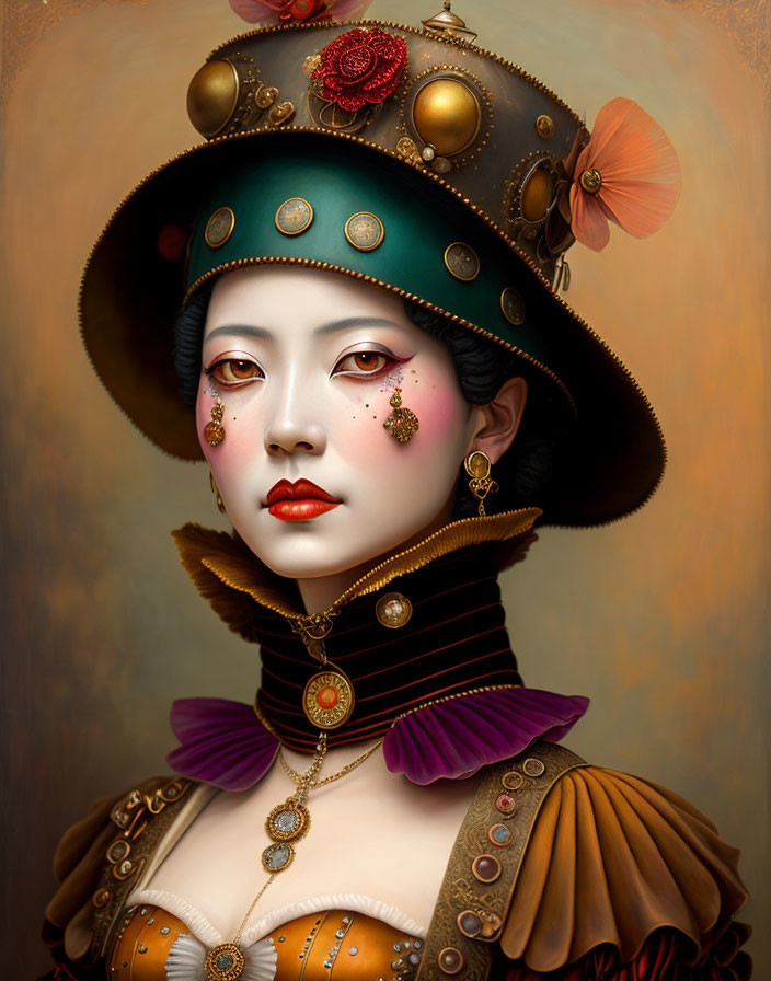 Illustrated portrait of woman with elaborate steampunk headdress and ornate outfit