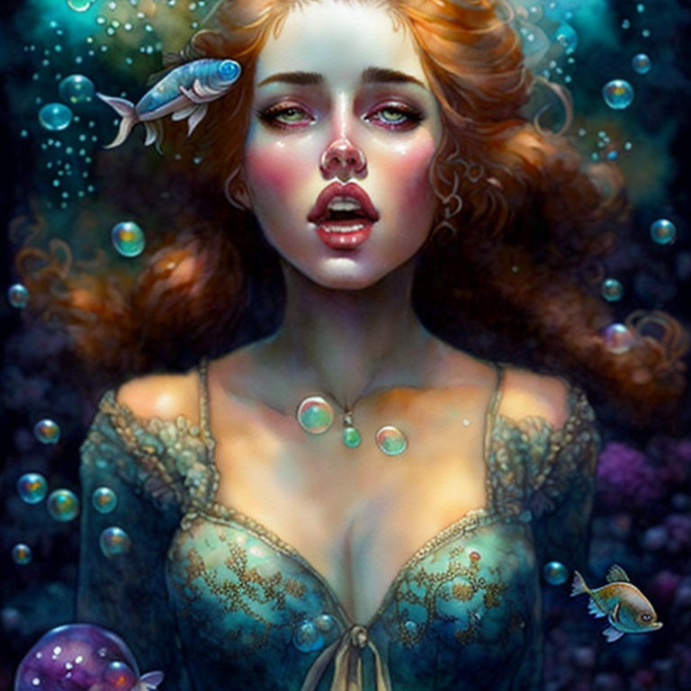 Digital Artwork: Woman with Red Curly Hair, Green Eyes, Bubbles, and Colorful