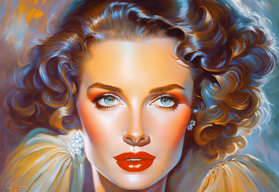 Digital artwork: Woman with wavy hair, blue eyes, red lipstick, and earrings on warm-colored