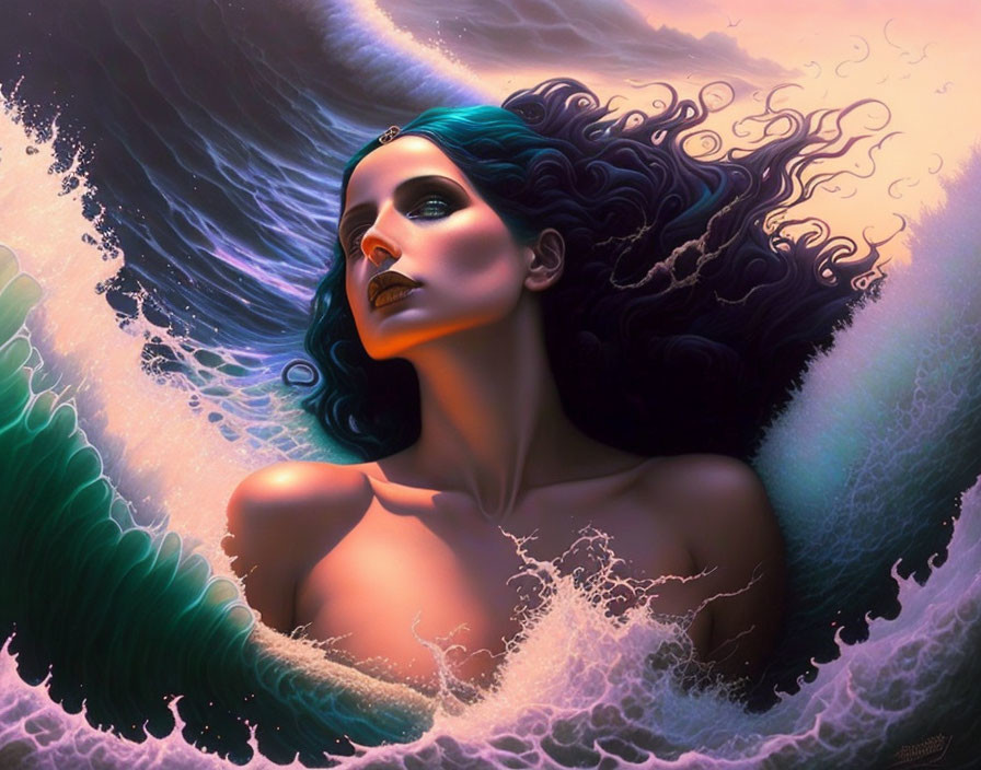 Portrait of Woman with Teal Hair and Diadem in Mystical Water Setting