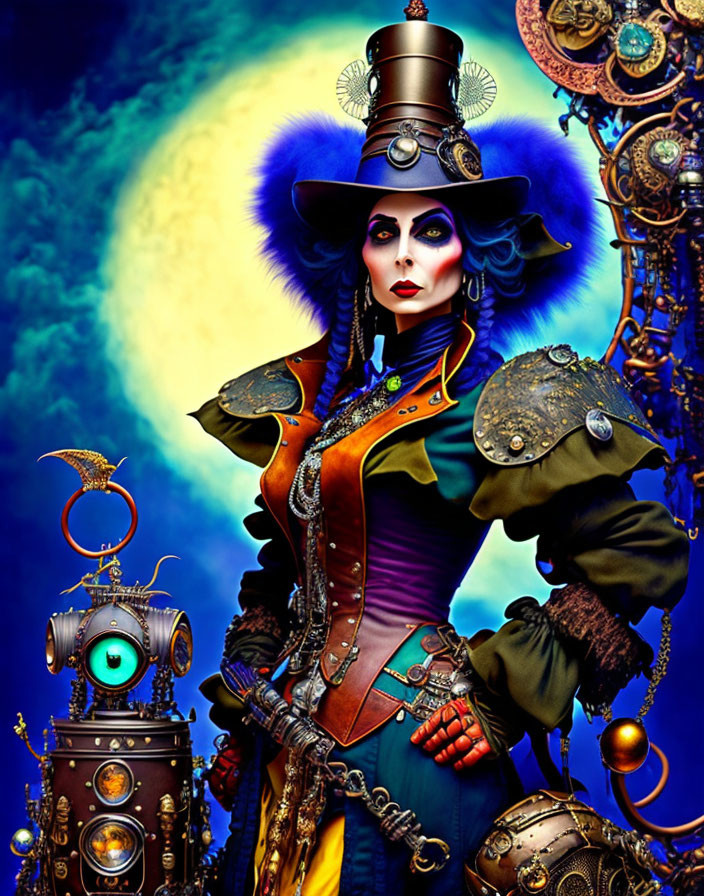 Steampunk-themed woman with top hat and goggles under full moon