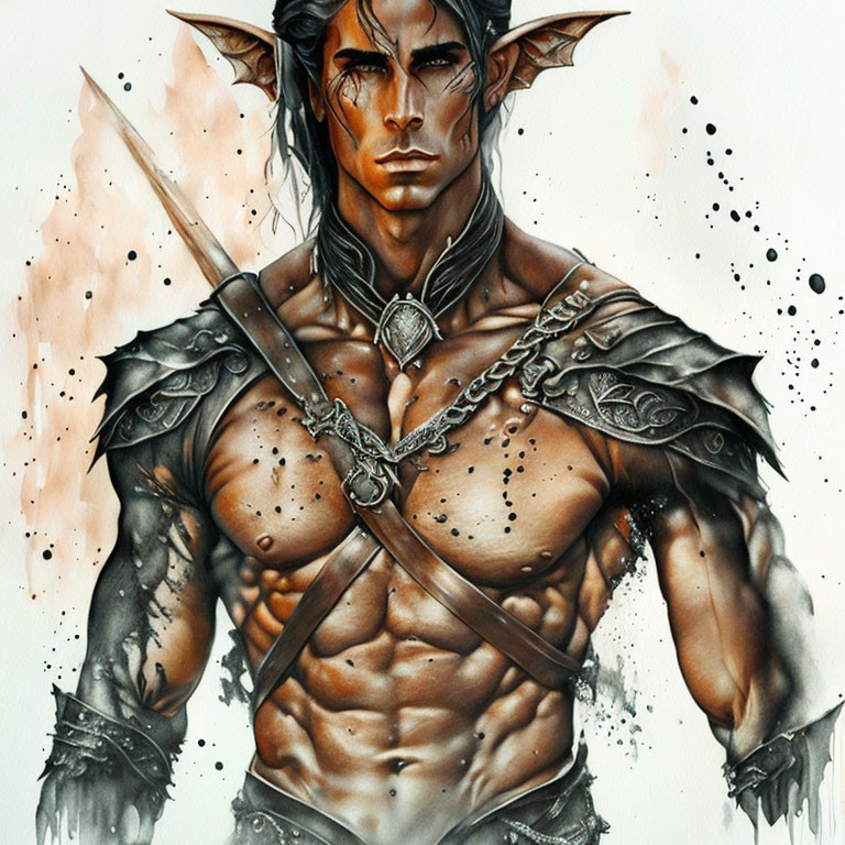 Muscular elf with sword in intricate armor and ink splatters