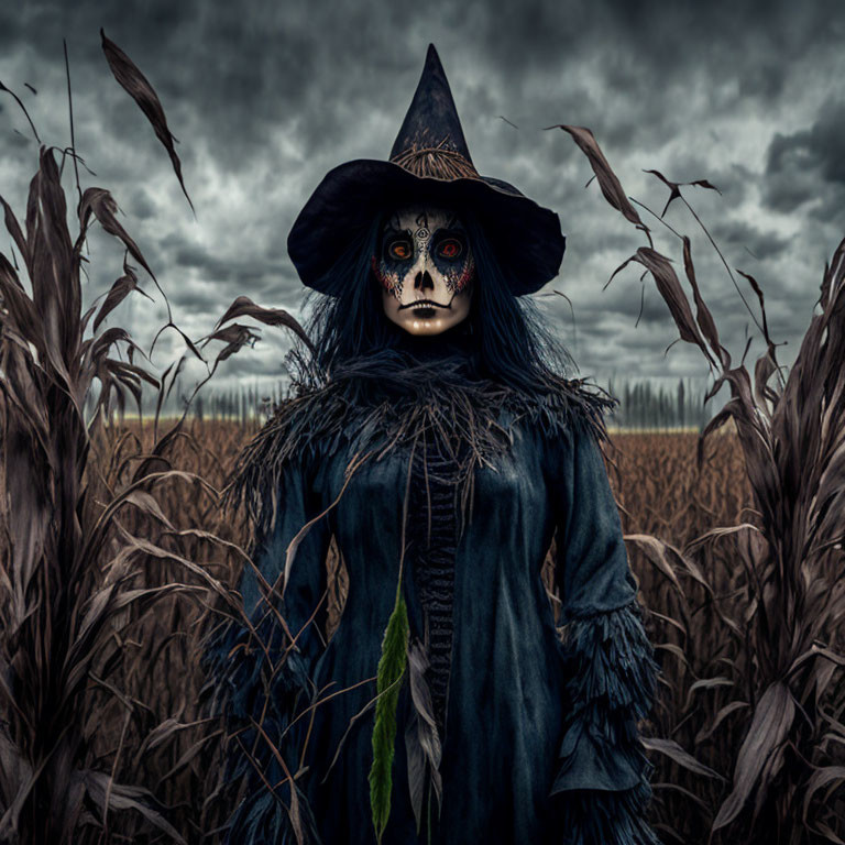 Witch costume with skull face paint in cornfield under cloudy sky