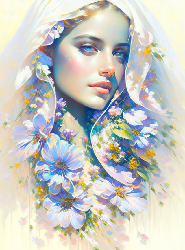 Serene woman portrait with veil and vibrant flowers on dreamy background