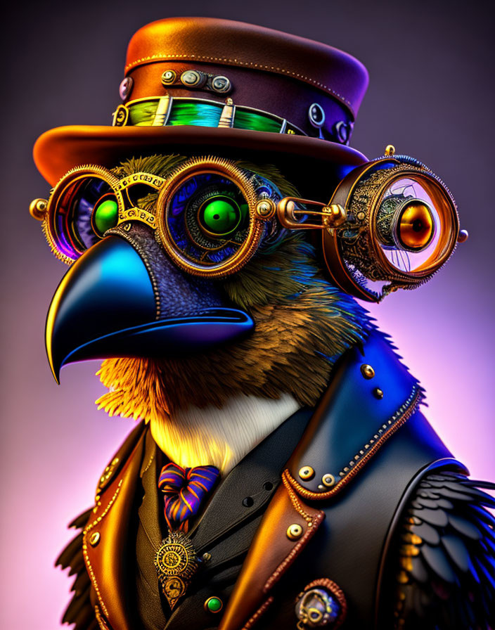 Colorful steampunk bird illustration with goggles, top hat, and Victorian attire on gradient backdrop