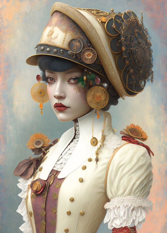 Steampunk woman illustration with decorative hat and vintage outfit