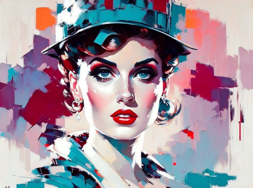 Vibrant portrait of woman with hat, intense eyes, and red lipstick